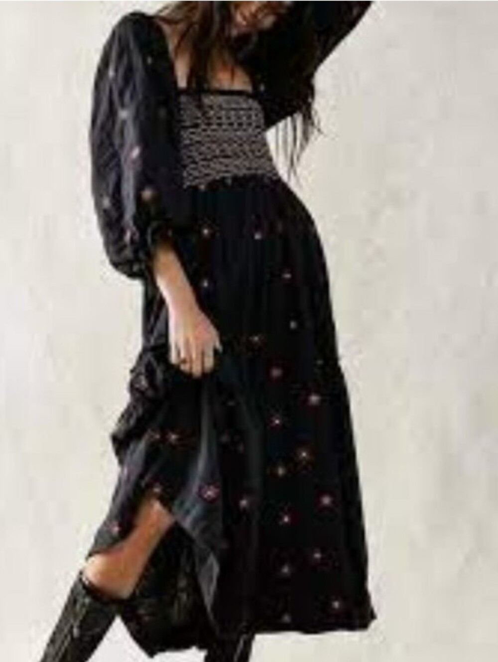 Free People Black Dahlia Embroidered Maxi Dress with Smocked Bodice